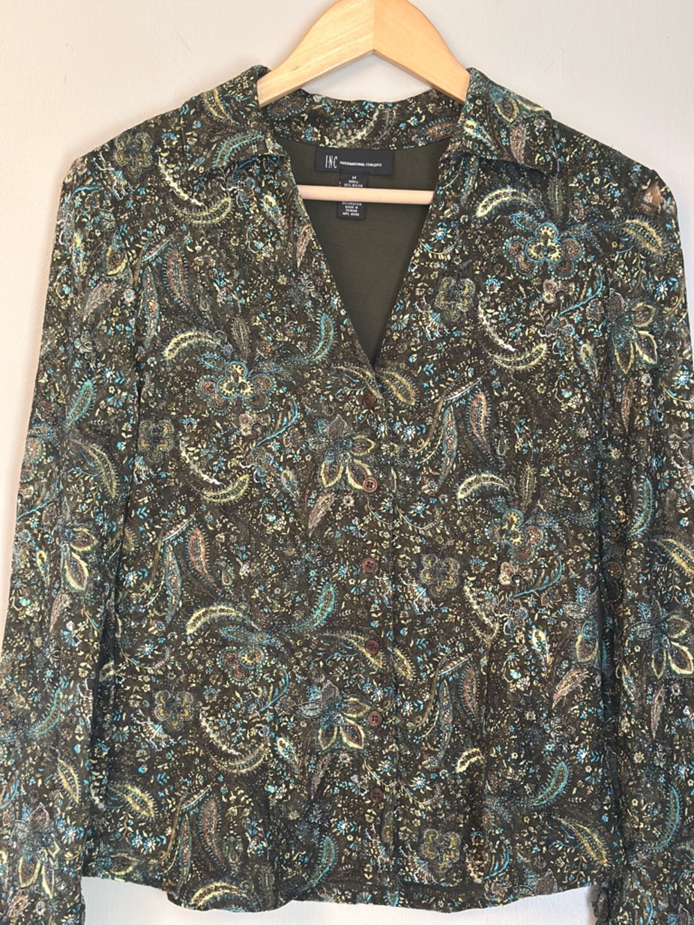 INC International concepts M Green and Black Paisley V-Neck Blouse Y2K Medium - Picture 3 of 10